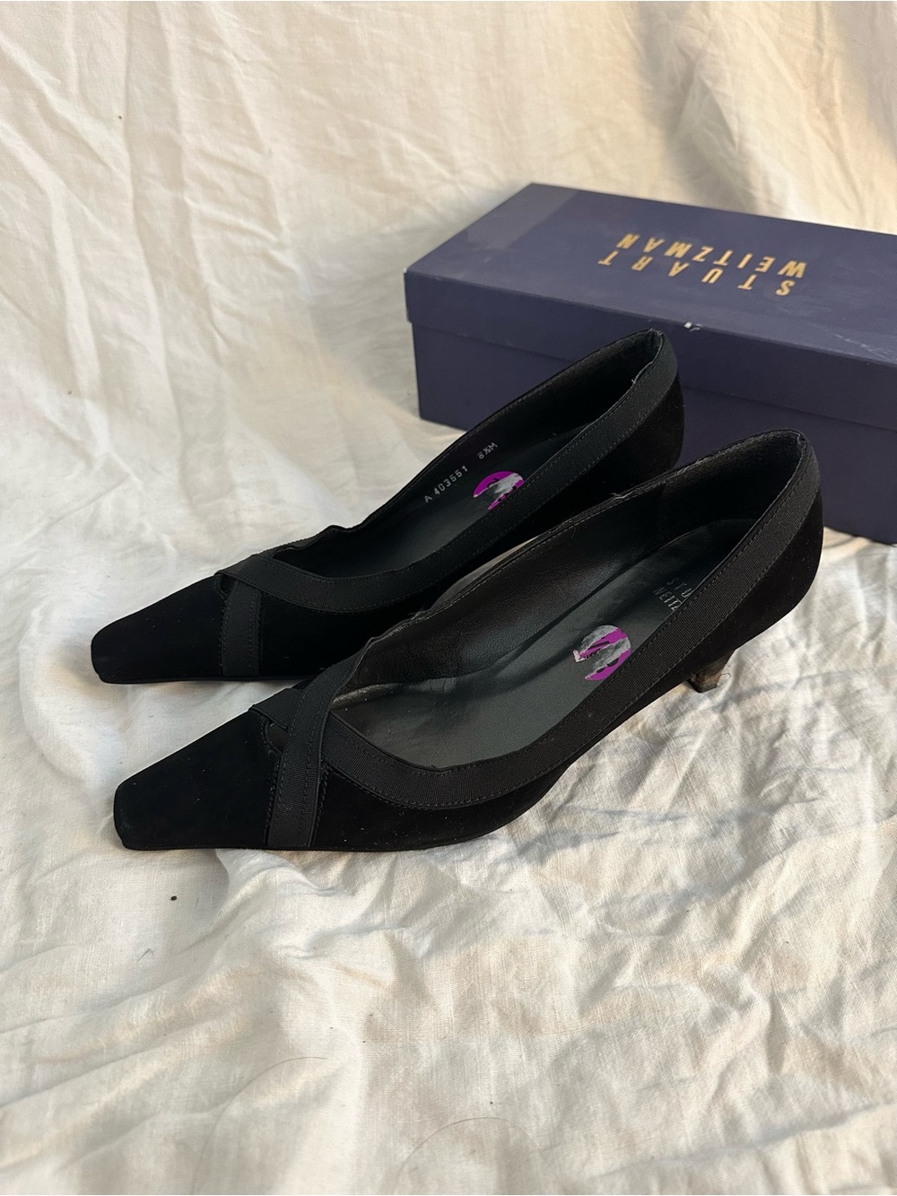 Stuart Weitzman Black Suede Pointed Kitten Heel Pumps